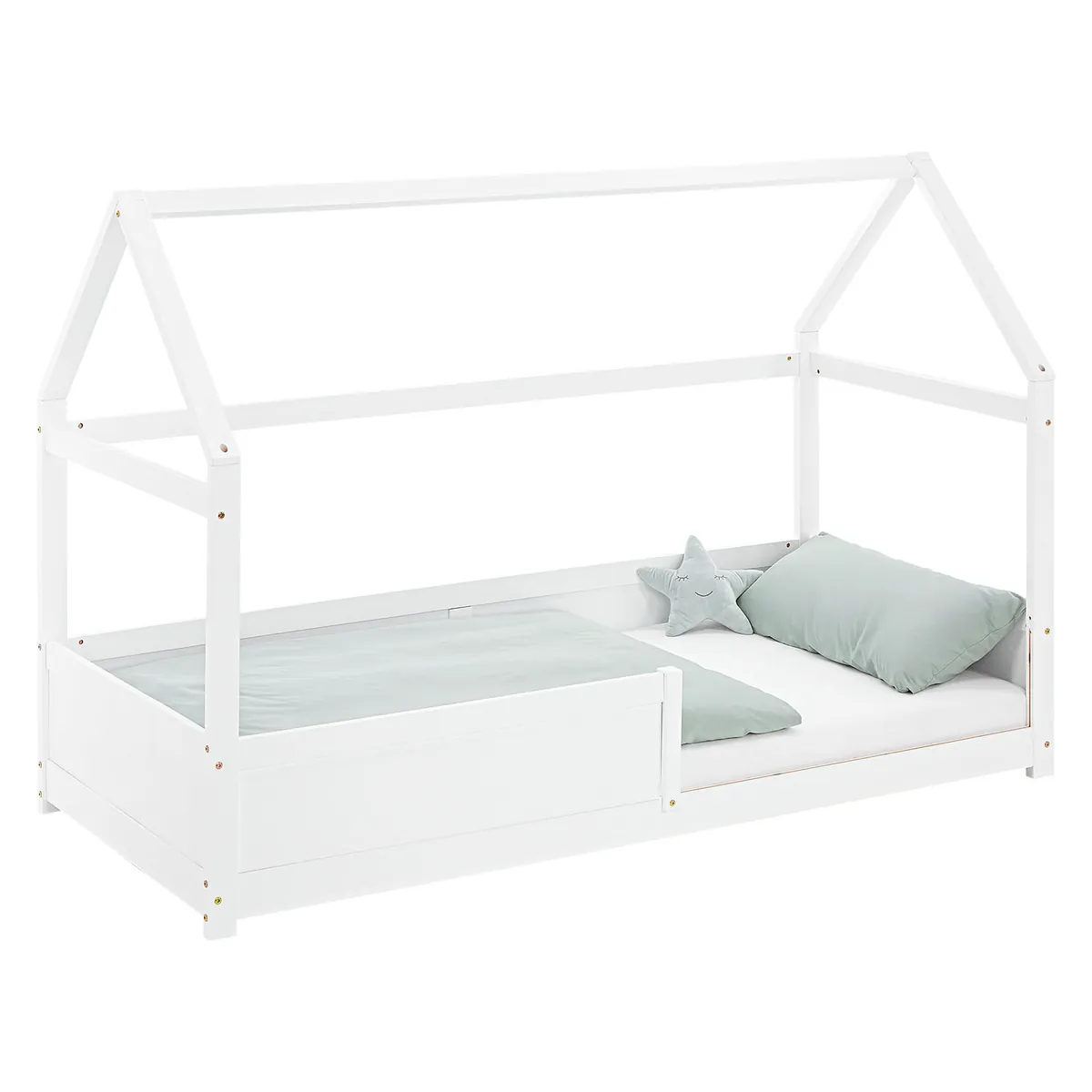 Kinderbett 90x200 cm Weiss | Hausbett mit Rausfallschutz | Montessori | Einzelbett | mit Lattenrost