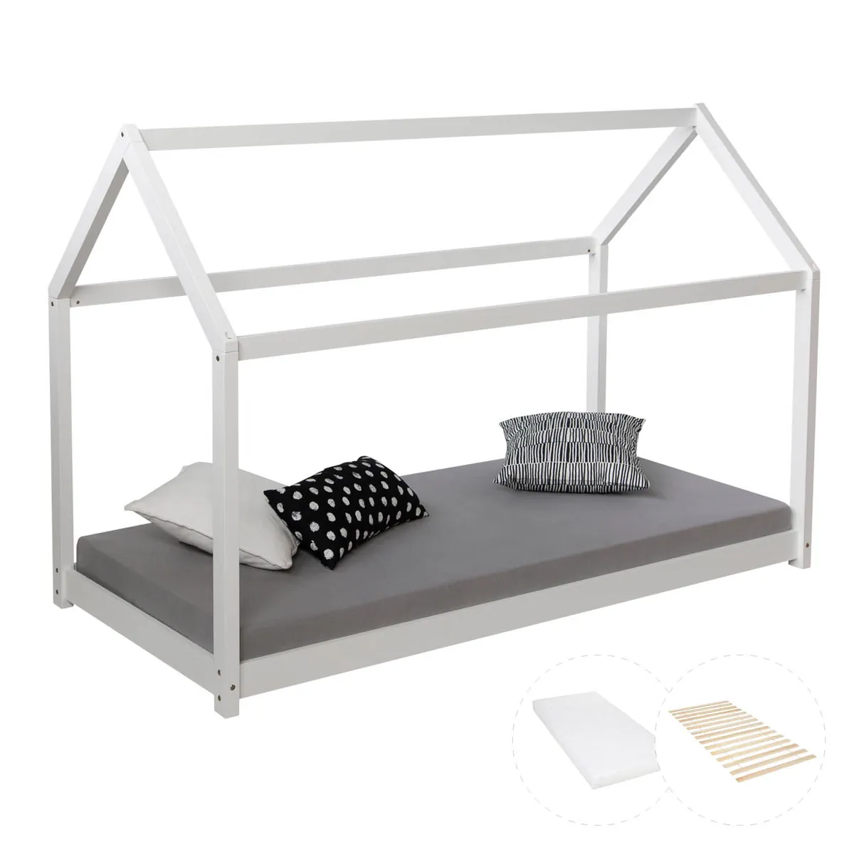 Kinderbett 80x160 cm mit Matratze Hausbett Weiss Bodenbett Montessori Lattenrost