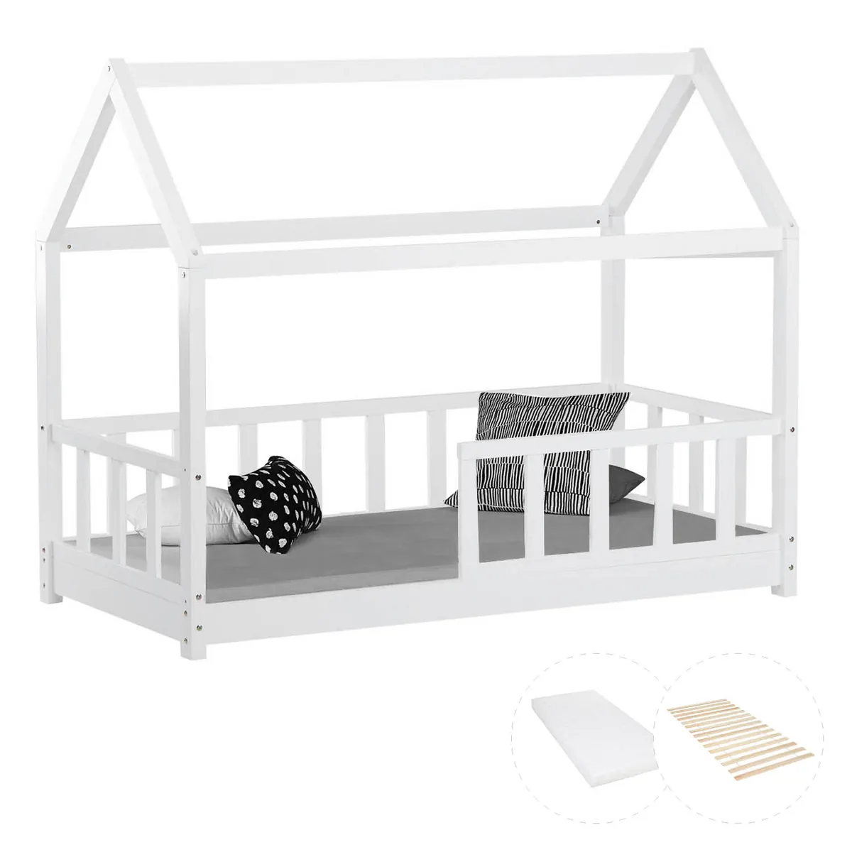 Kinderbett 80x160 cm mit Matratze Hausbett mit Rausfallschutz Montessori Lattenrost