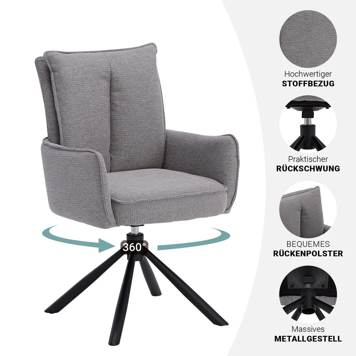 Polsterstuhl Stoff Grau | einzeln | drehbar | mit Armlehnen | Küche Esszimmer Büro