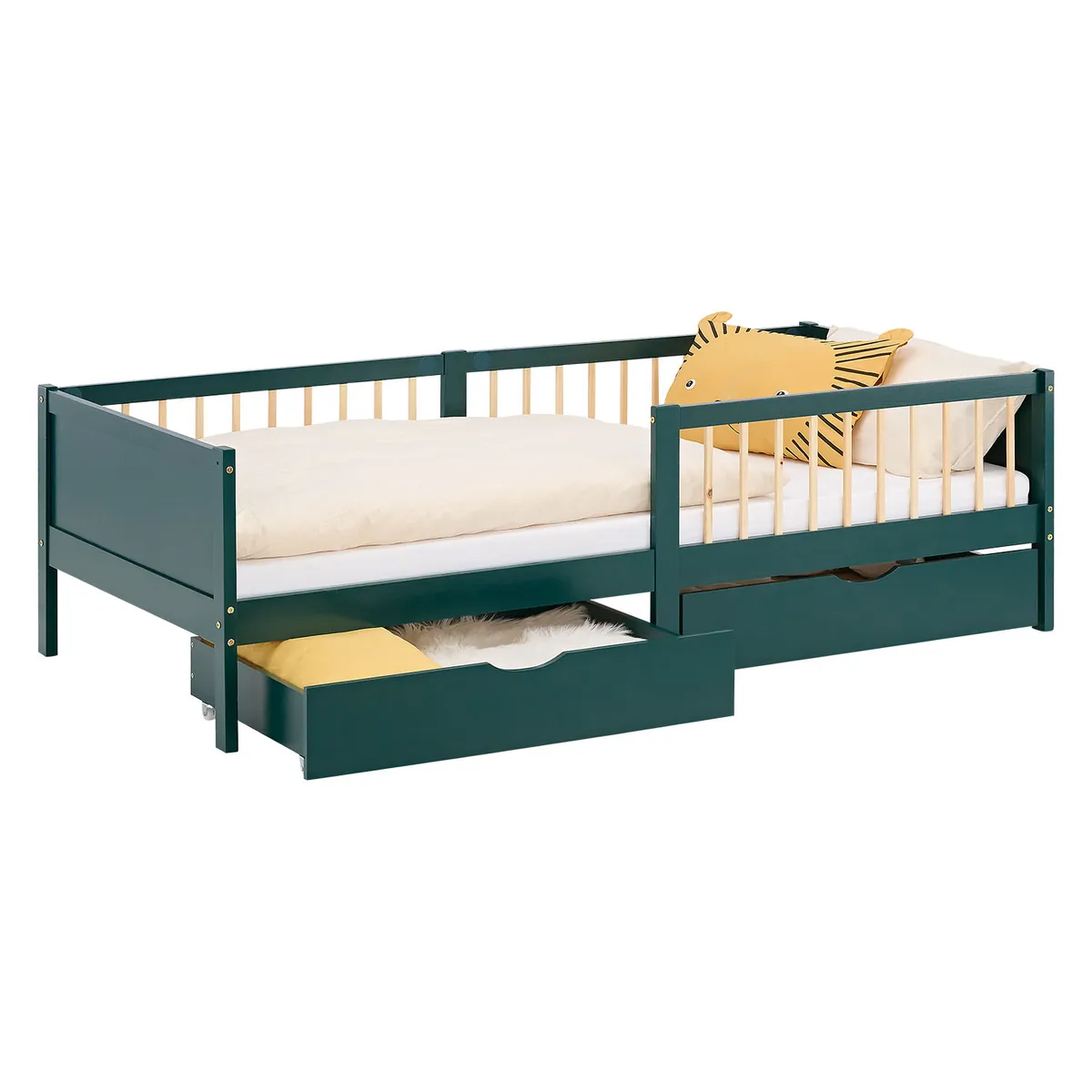 Kinderbett 90x200 cm Grün | Holzbett mit 2 Bettkästen | Einzelbett | mit Lattenrost | Rausfallschutz