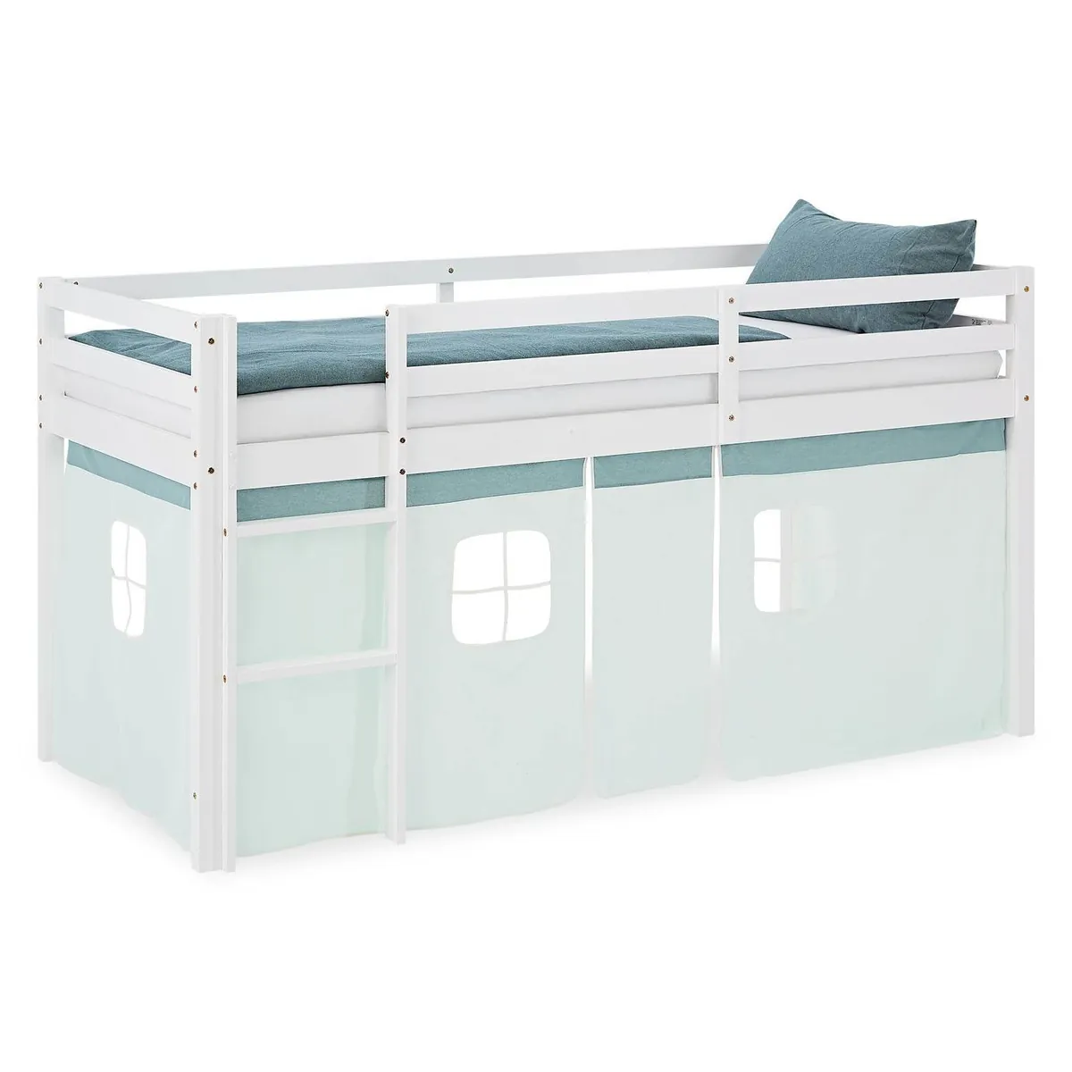 Hochbett Kinderbett 90x200 cm Vorhang Grün Mintgrün Leiter Holz Massiv Weiss