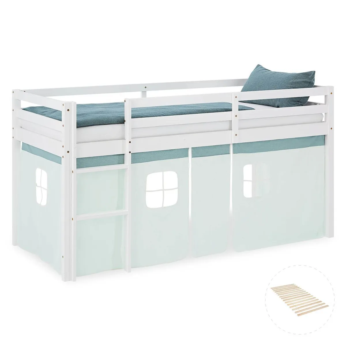 Hochbett 90x200 cm mit Lattenrost Kinderbett Vorhang Grün Mintgrün Weiss