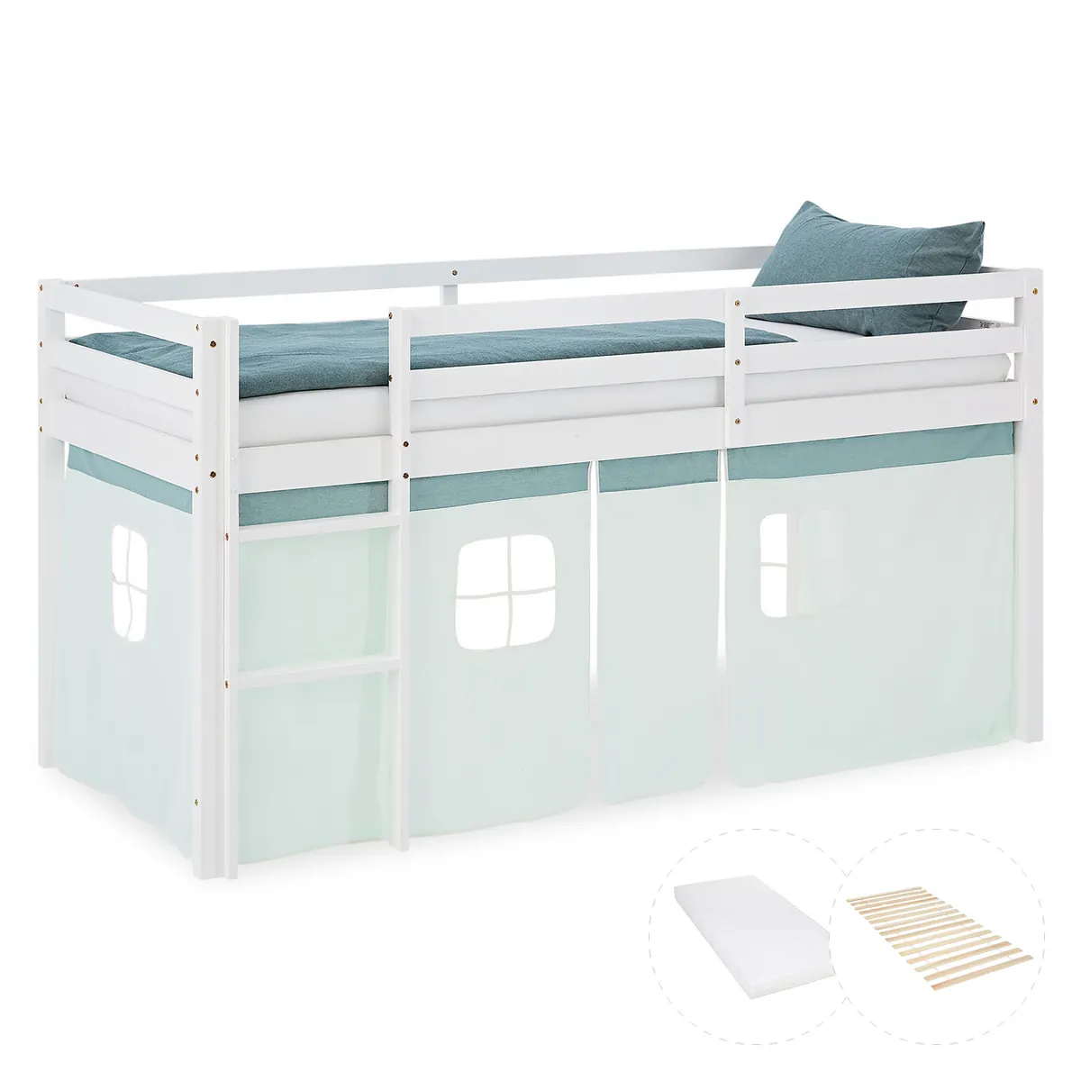 Hochbett Kinder 90x200 cm Weiss mit Vorhang in Mintgrün | mit Lattenrost und Matratze