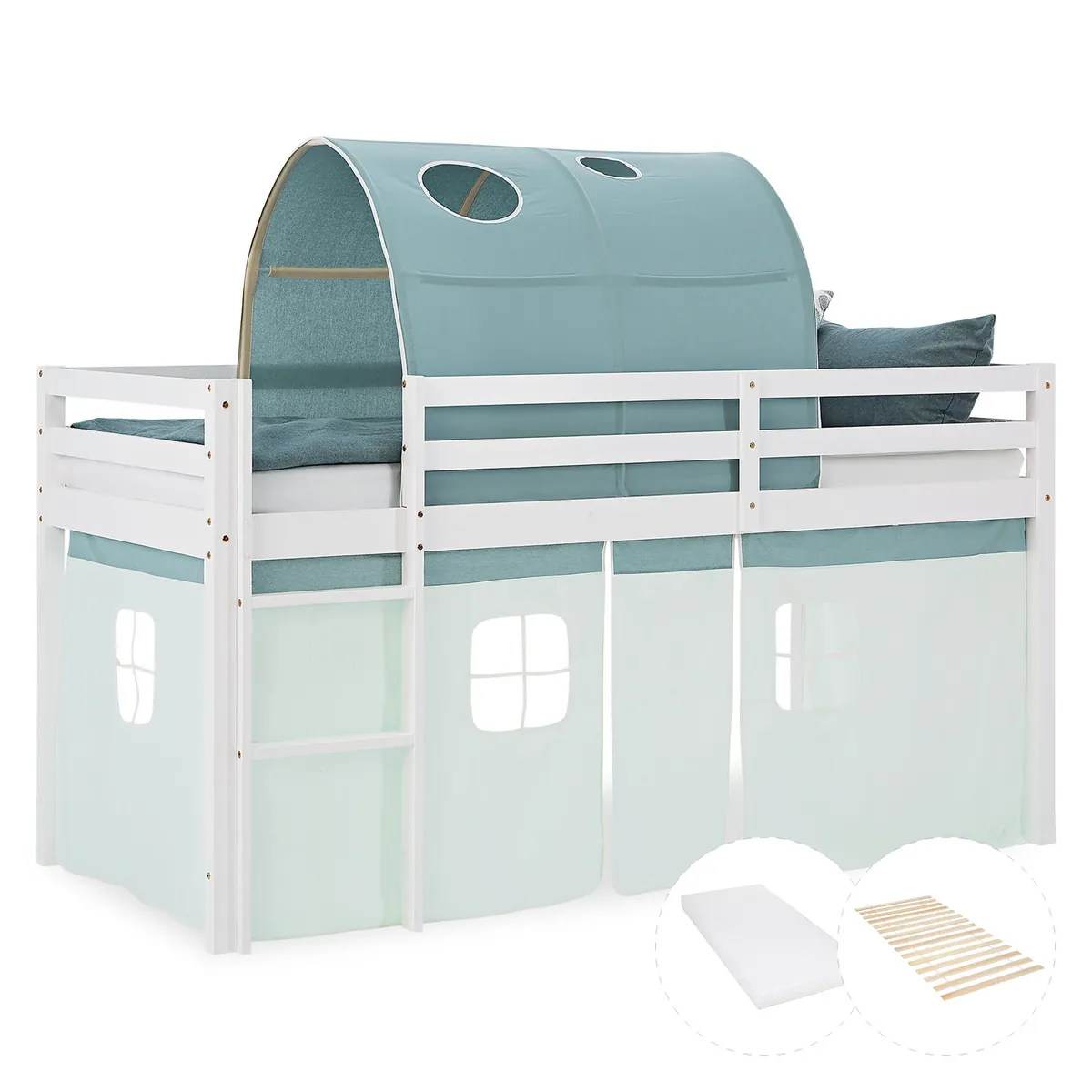 Hochbett Kinder 90x200 cm Weiss mit Vorhang in Mintgrün | Tunnel | mit Lattenrost und Matratze