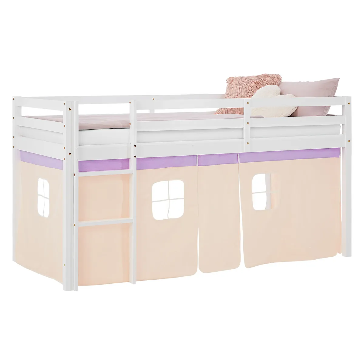 Hochbett Kinder 90x200 cm Weiss mit Vorhang in Lila Beige | ohne Lattenrost