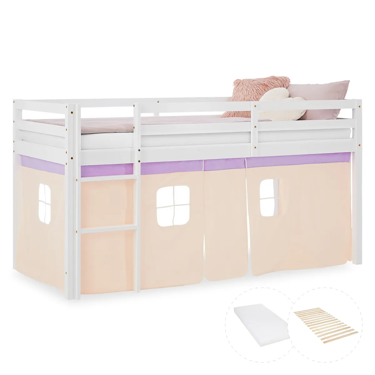 Hochbett Kinder 90x200 cm Weiss mit Vorhang in Lila Beige | mit Lattenrost und Matratze