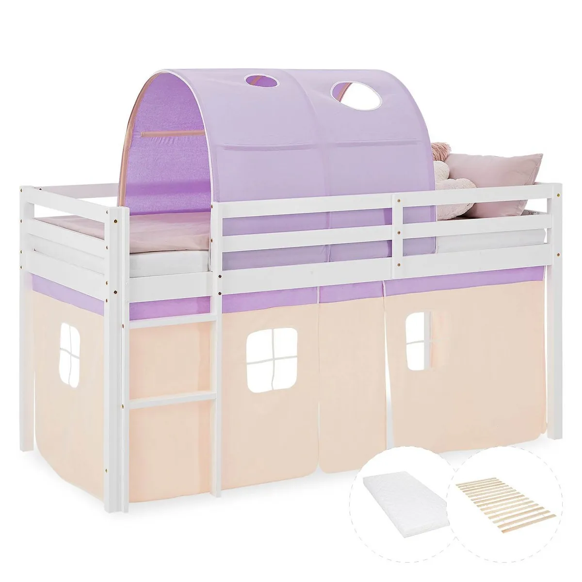 Hochbett Kinder 90x200 cm Weiß mit Vorhang in Lila Beige | Tunnel | mit Lattenrost und Matratze