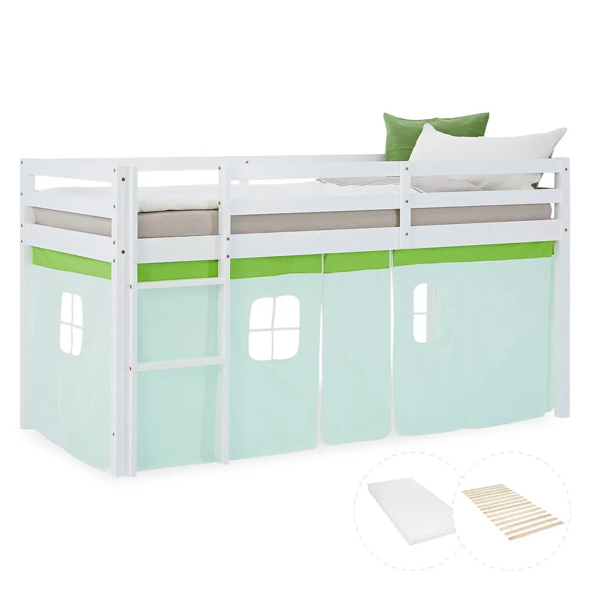 Hochbett Kinder 90x200 cm Weiss mit Vorhang in Grün | mit Lattenrost und Matratze