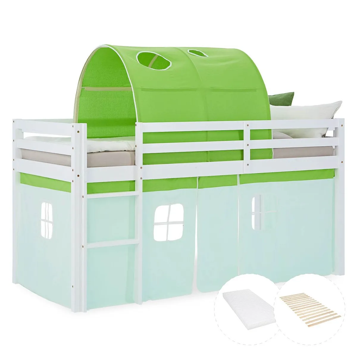 Hochbett Kinder 90x200 cm Weiss mit Vorhang in Grün | Tunnel | mit Lattenrost und Matratze