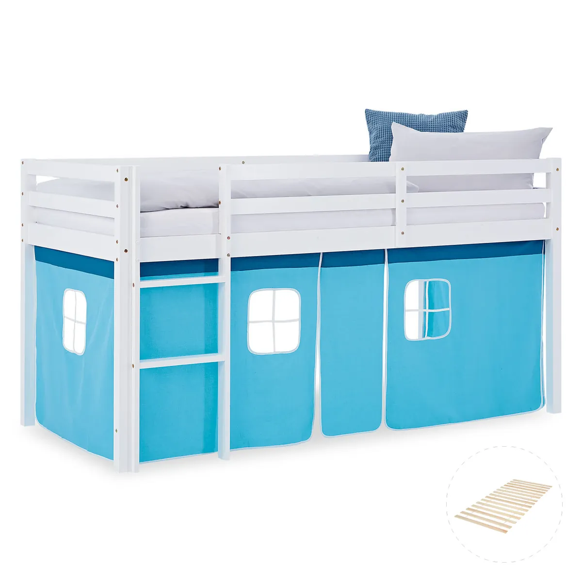 Hochbett Kinder 90x200 cm Weiss mit Vorhang in Blau | mit Lattenrost