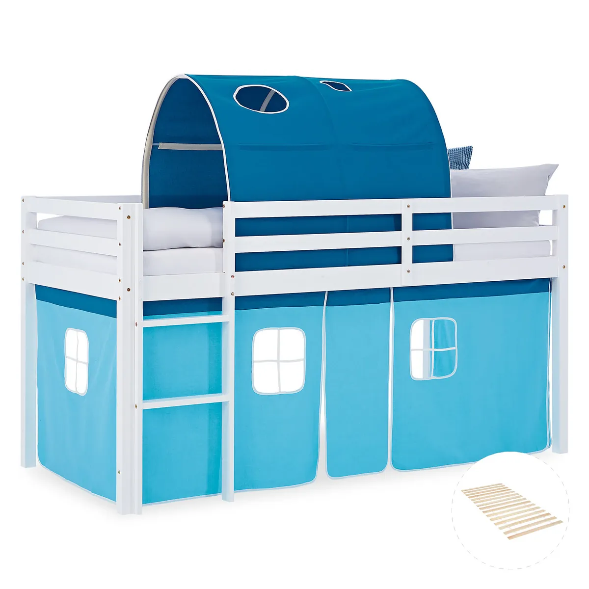 Hochbett Kinder 90x200 cm Weiss mit Vorhang in Blau | Tunnel | mit Lattenrost