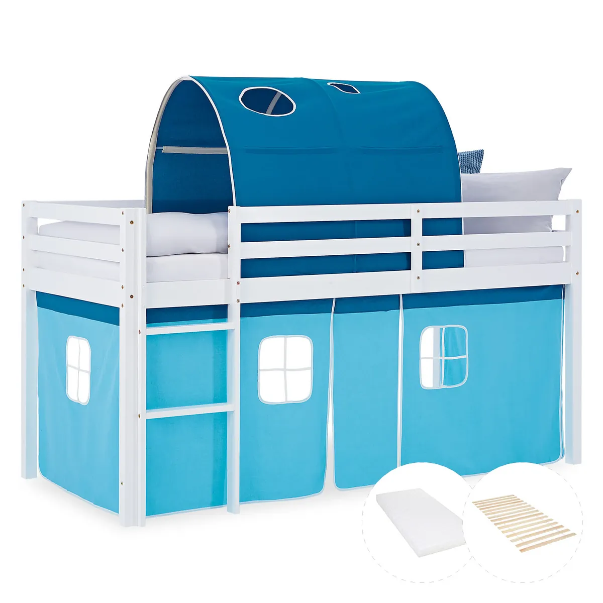 Hochbett Kinder 90x200 cm Weiss mit Vorhang in Blau | Tunnel | mit Lattenrost und Matratze
