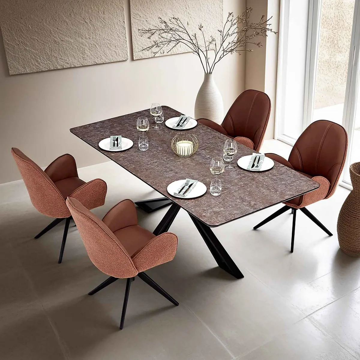 Esstisch mit 4 Stühlen Set Essgruppe Polsterstühle Drehbar Bouclé Leder Braun 200x100 cm Metall Schwarz