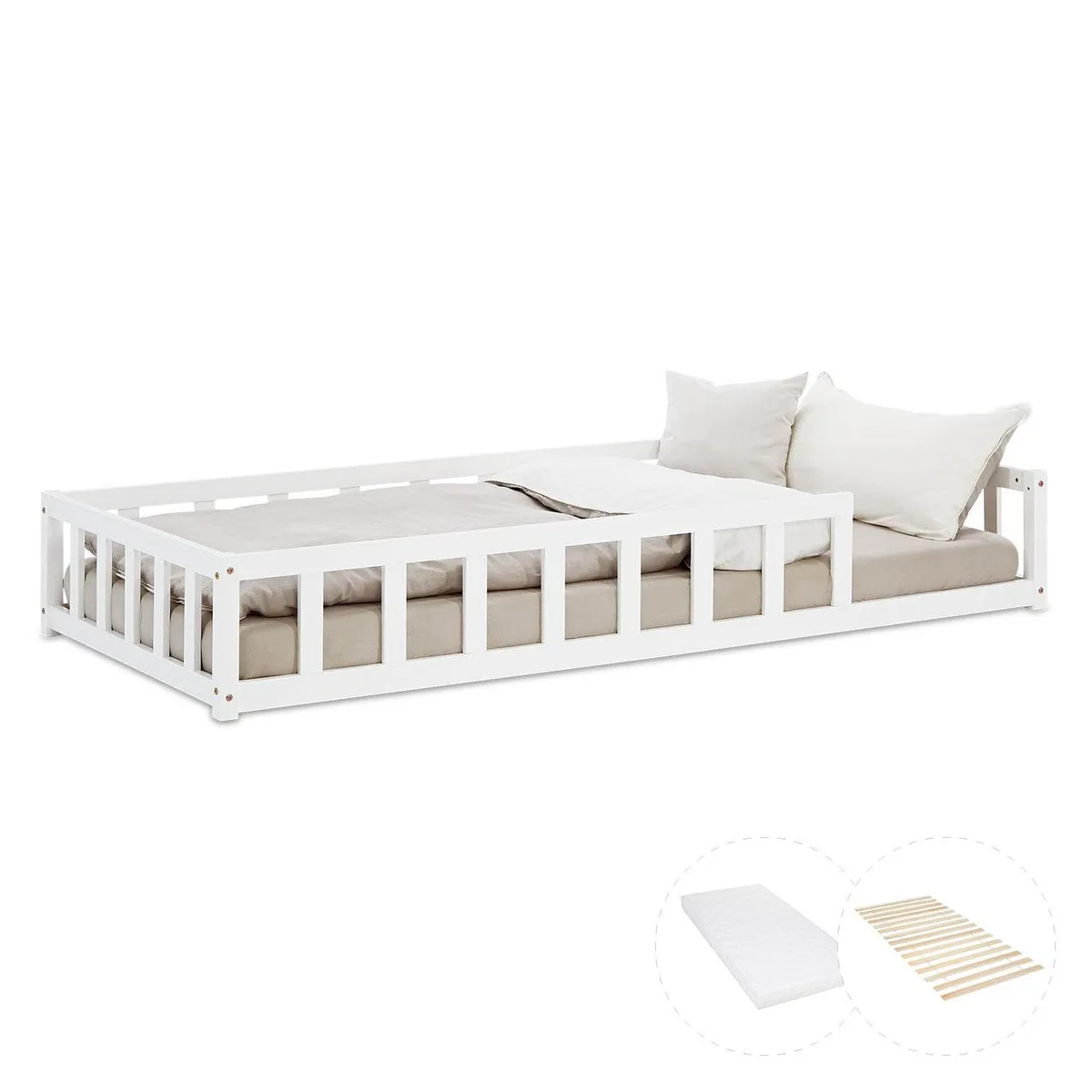 Kinderbett 90x200 Weiss | Bodenbett mit Matratze & Lattenrost | mit Rausfallschutz | Montessori