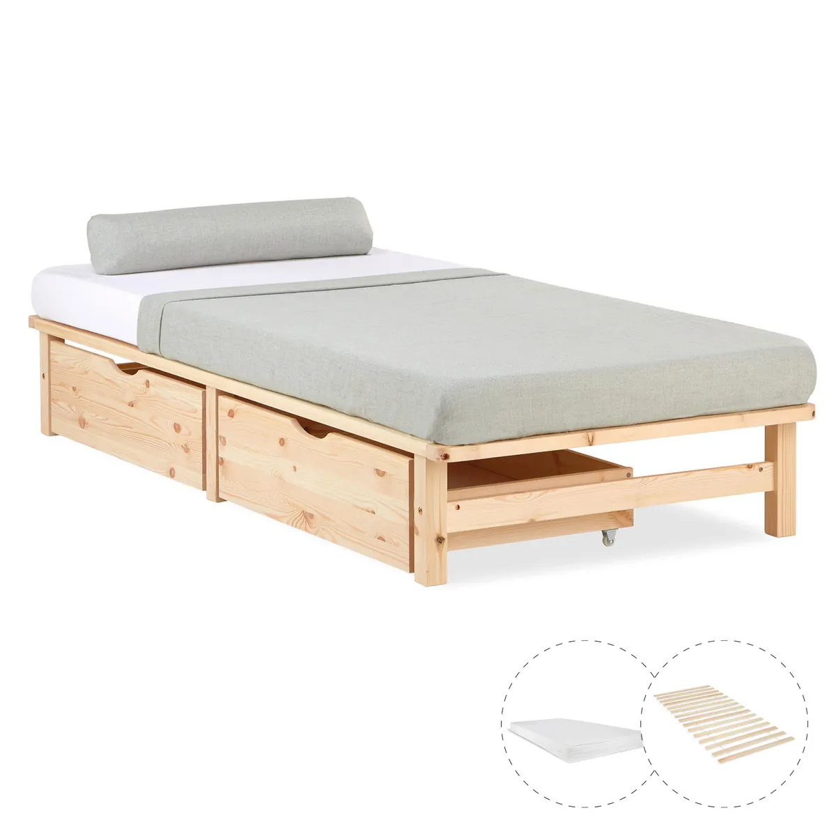 Palettenbett 90x200 cm Natur | Einzelbett mit Bettkästen | mit Matratze | Holz | Kind Gast