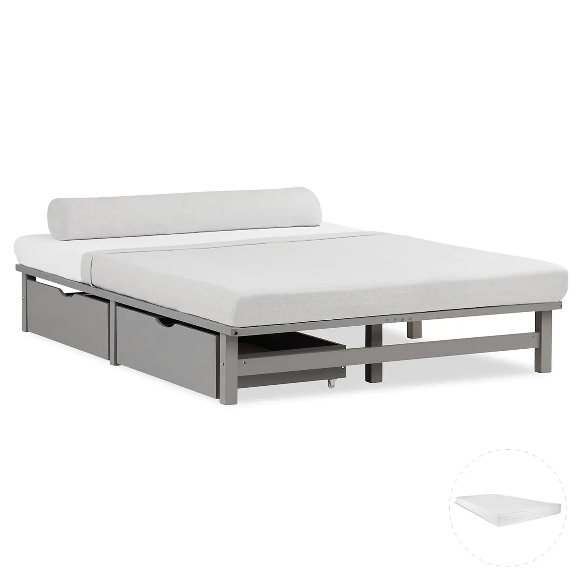 Palettenbett 140x200 cm Grau | Doppelbett mit Bettkästen | mit Matratze | Holz | Kind Gast