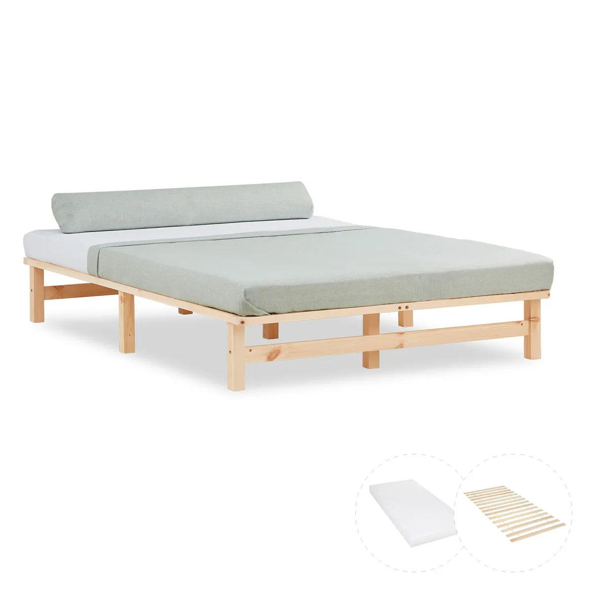 Palettenbett 140x200 cm Natur | Doppelbett mit Matratze | mit Lattenrost | Holz | Jugend Gast