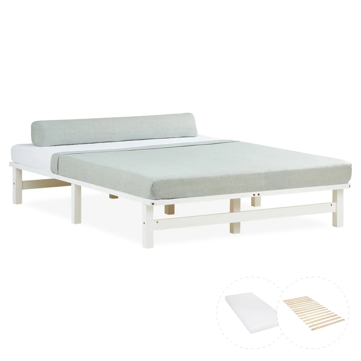 Palettenbett 140x200 cm Weiss | Doppelbett mit Matratze | mit Lattenrost | Holz | Jugend Gast