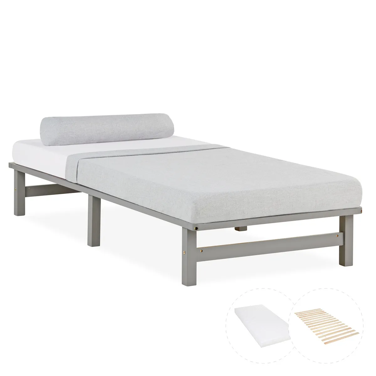 Palettenbett 90x200 cm Grau | Einzelbett mit Matratze | mit Lattenrost | Holz | Jugend Gast