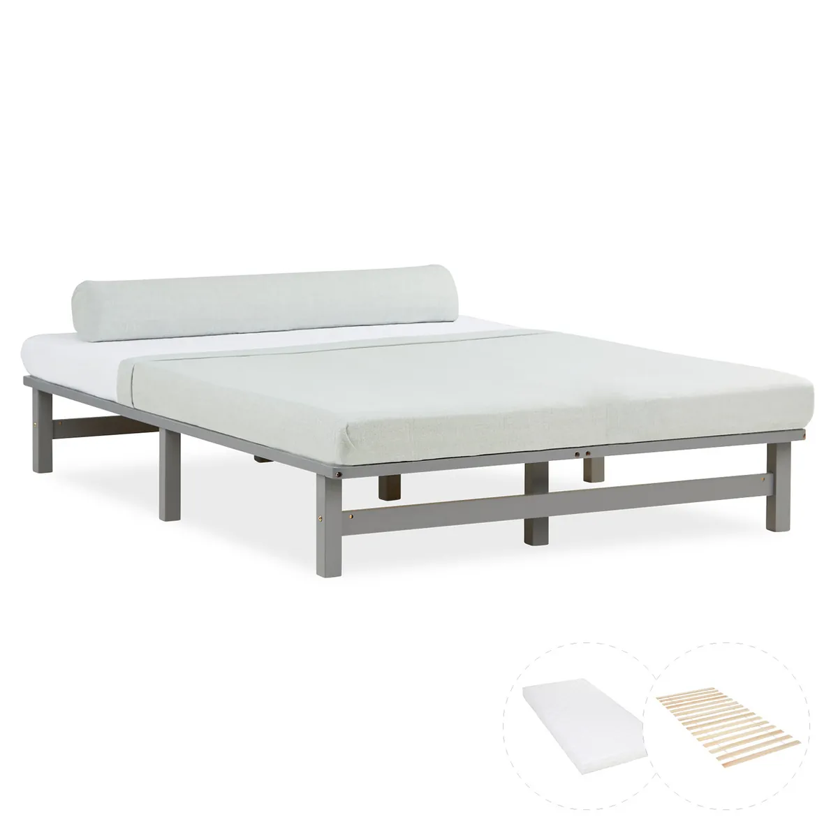Palettenbett 140x200 cm Grau | Doppelbett mit Matratze | mit Lattenrost | Holz | Jugend Gast