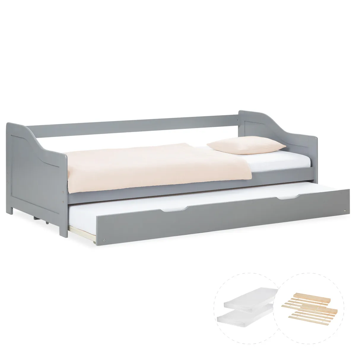 Holzbett 90x200 cm Grau | ausziehbar | Koje | mit Matratze | Kind Jugend Gast
