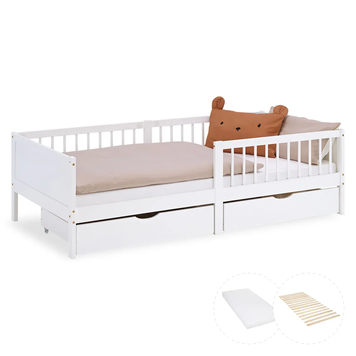 Kinderbett 90x200 cm Weiss | Holzbett mit Matratze | 2 Bettkästen | Rausfallschutz