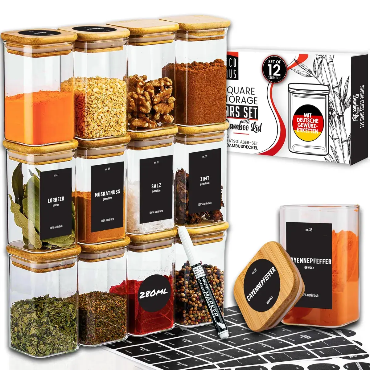 Vorratsgläser-Set mit Deckel, 12 Stk., 1 Grösse/280ml, eckig
