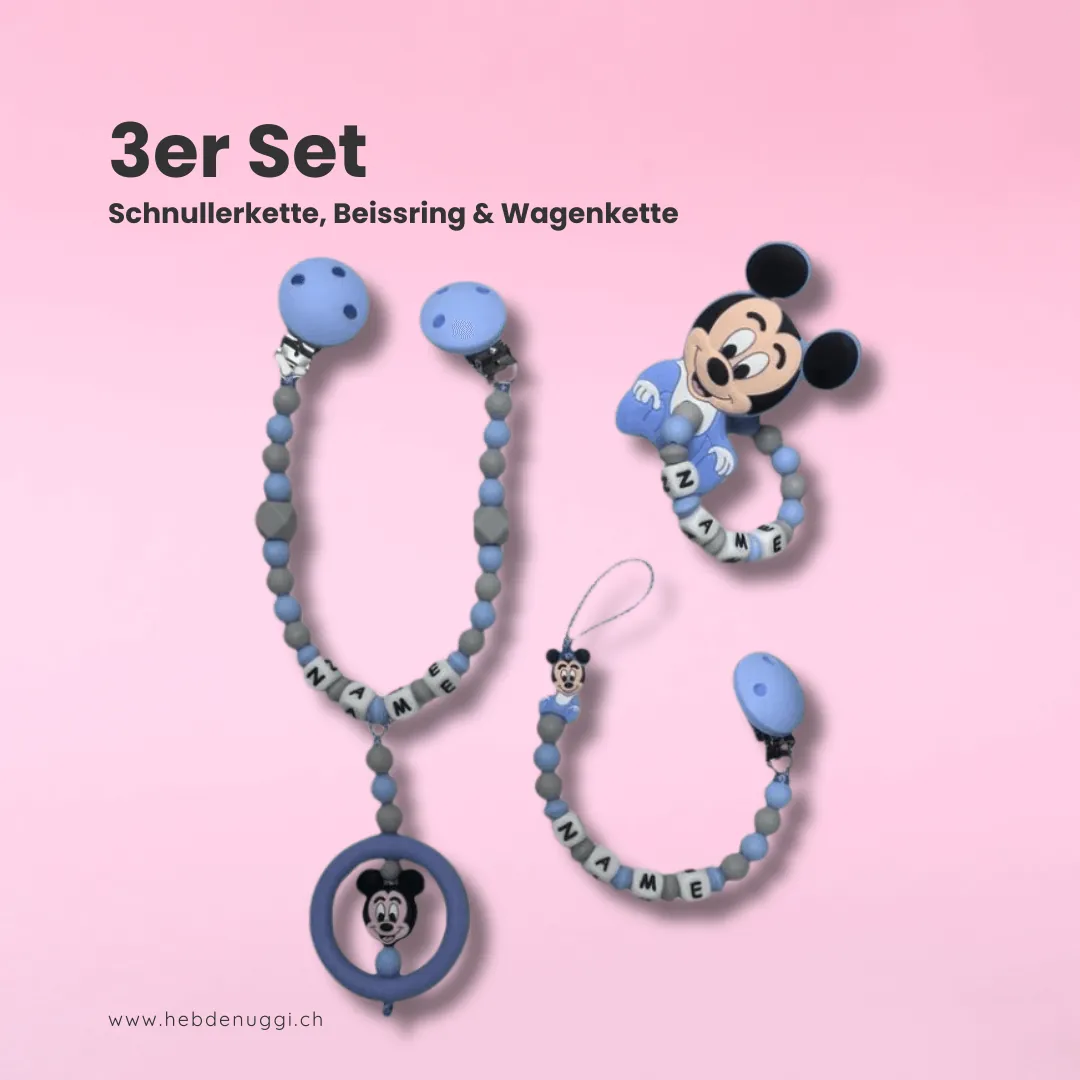 3er Set Maus (Schnullerkette, Beissring & Wagenkette)