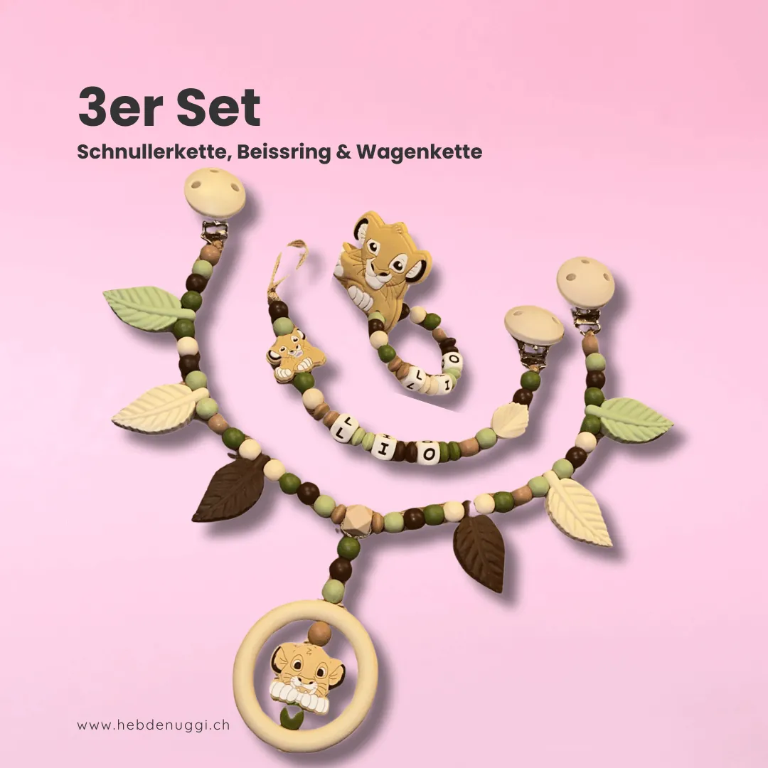 3er Set Löwe (Schnullerkette, Beissring & Wagenkette)