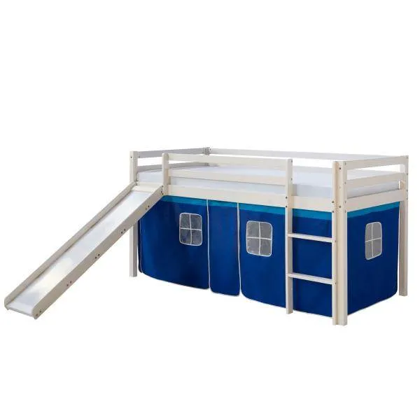 Kinderbett Hochbett Massiv Kiefer Weiss Vorhang blau Rutsche 90x200 cm