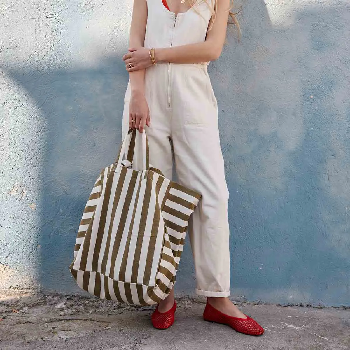 Baumwoll Shopper Olive-Greige Gestreift – Damen Strandtasche & Canvas Tasche