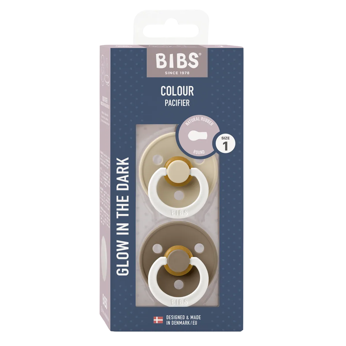 BIBS Nuggi "Colour" 2er-Pack Latex Round 0-6m | Vanilla GLOW Dark Oak GLOW