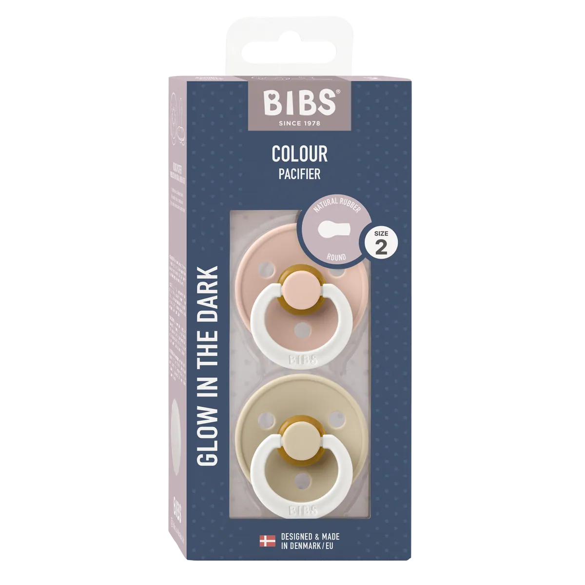 BIBS Nuggi "Colour" 2er-Pack Latex Round 6-12m | Blush GLOW Vanilla GLOW