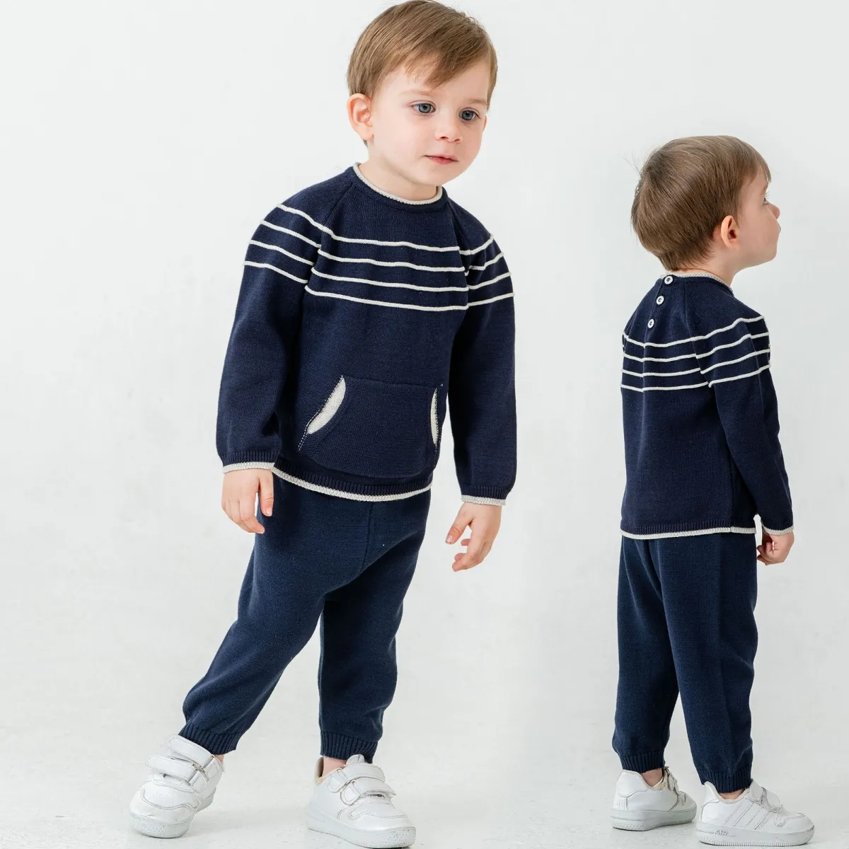Strick Kinder Set mit Kängurutasche Oberteil & Hose