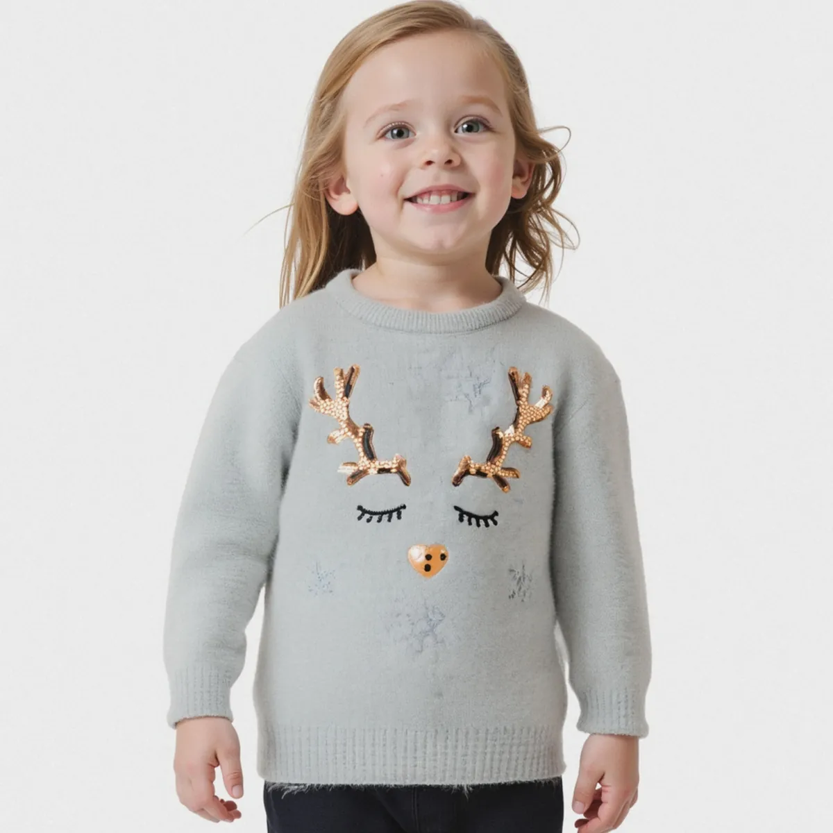 Pullover mit Paillettenstickerei und Hirschmuster