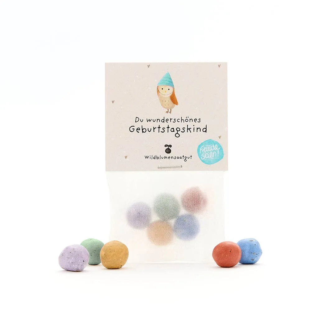 5 Blumenmurmeln im Tütchen "Du wunderschönes Geburtstagskind"