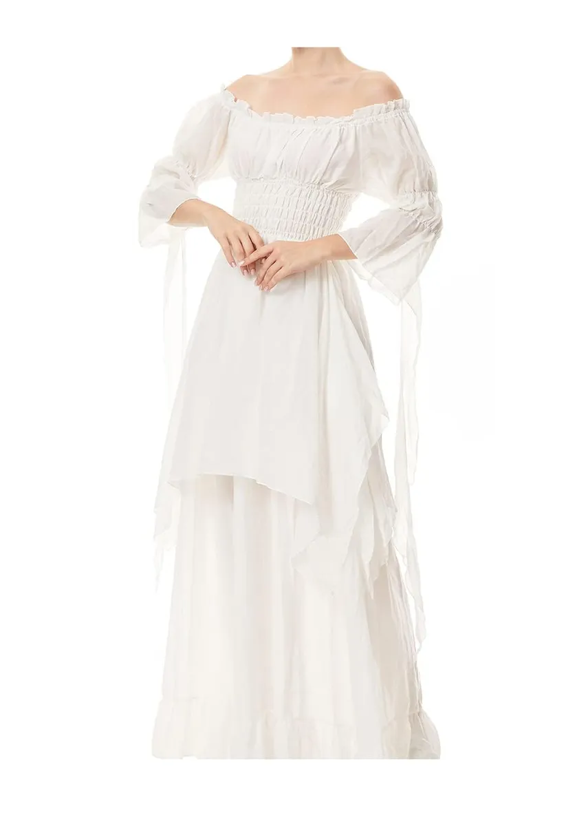 Mittelalter Renaissance Kleid mit Korsett-Gürtel, Weiss XL