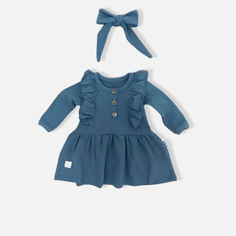Natural Waffle Kleid mit Stirnband - Petrol