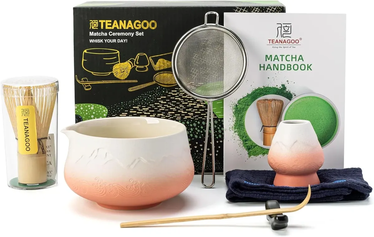 7-teiliges Matcha-Zubehör-Set, 7Stück/Set, Schüssel mit Ausgießer Orange Giadient Weiß