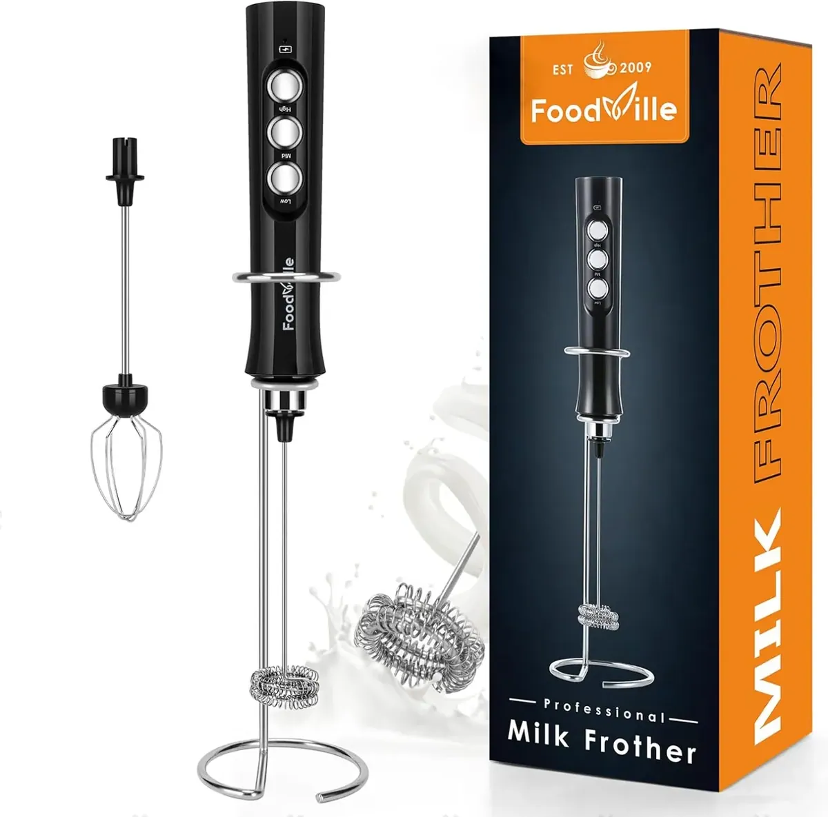 Wiederaufladbarer 2-in-1 Milchaufschäumer Stab, Schwarz