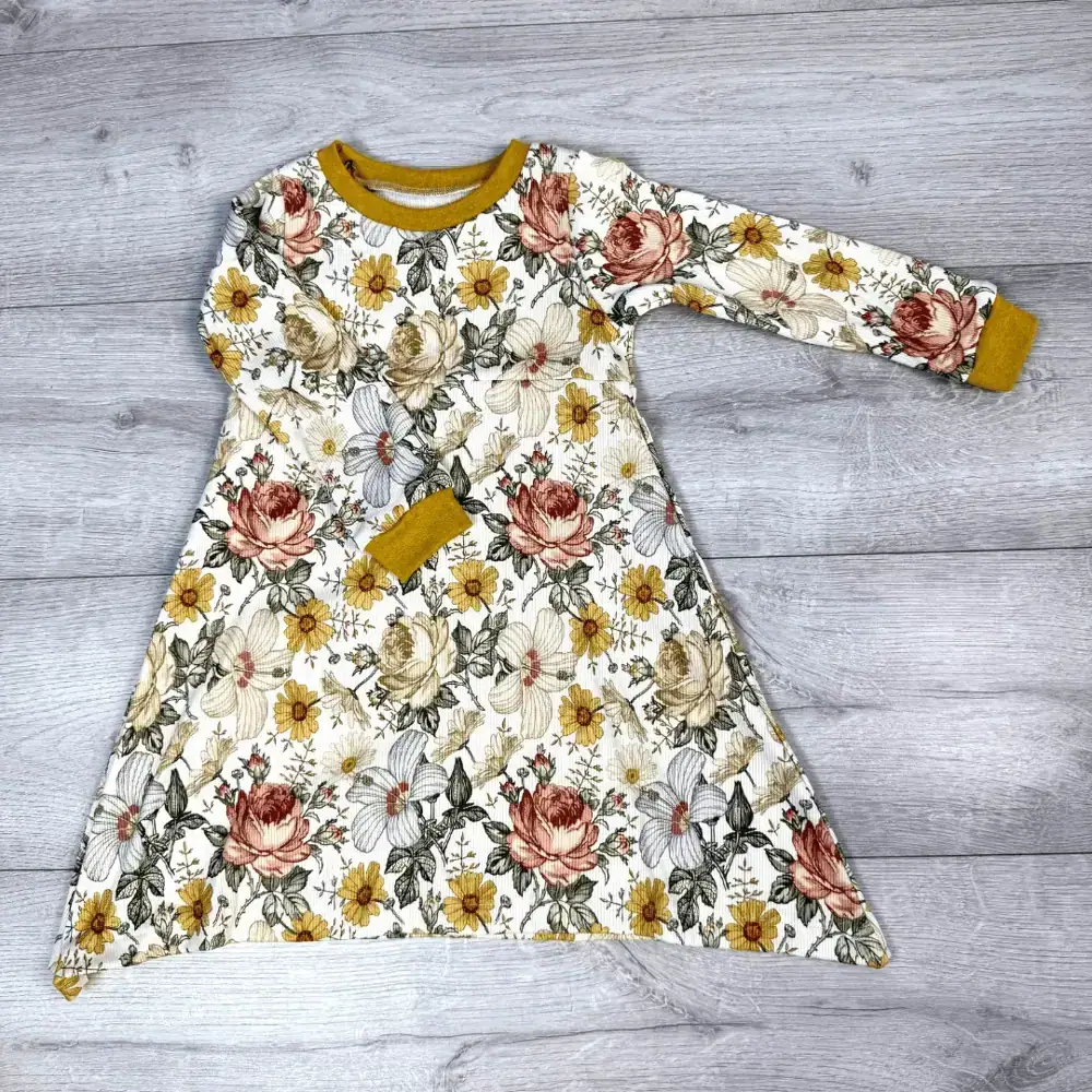 Langarm Kleid Gr. 98 Herbstblumen Ribjersey