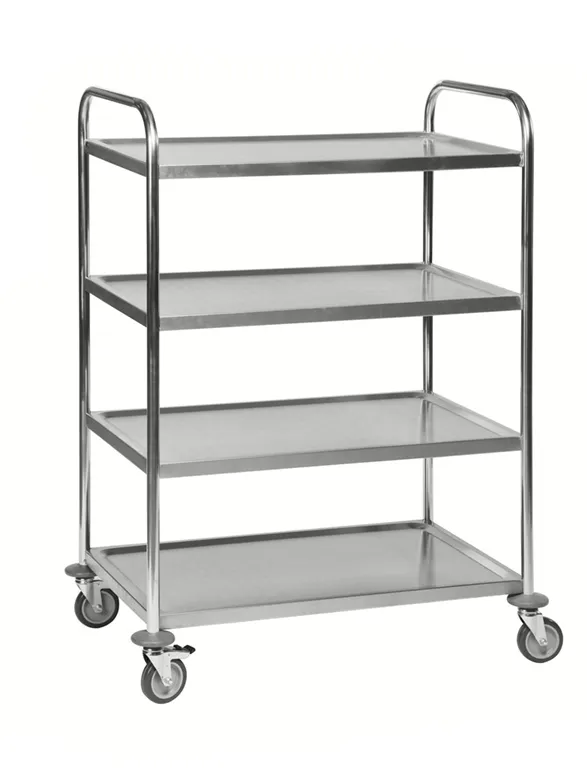 Edelstahlwagen 4 Böden C2, 18/0, bis 100kg belastbar, 4 Lenkrollen, 2 davon mit Bremse
