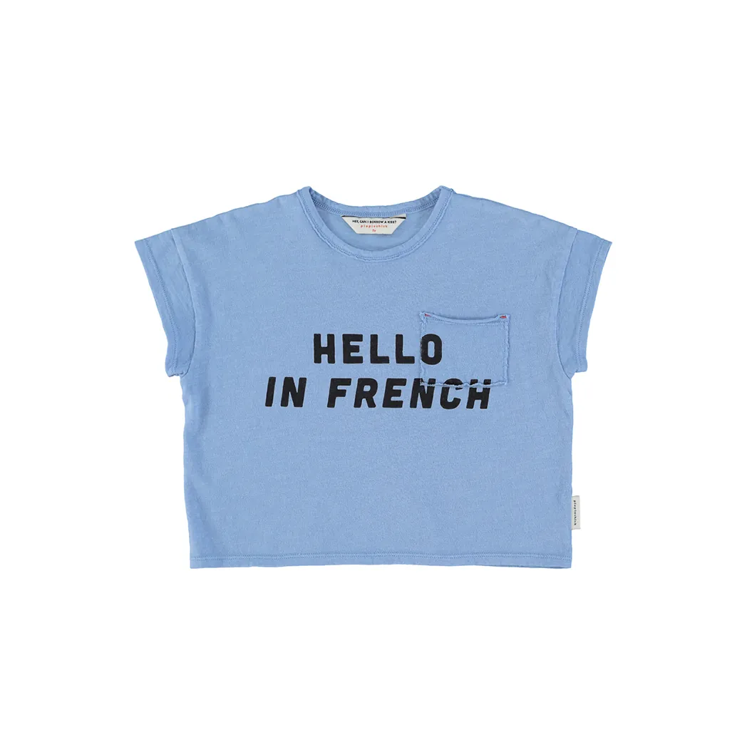 T-Shirt Blue with "Hello in French" Print