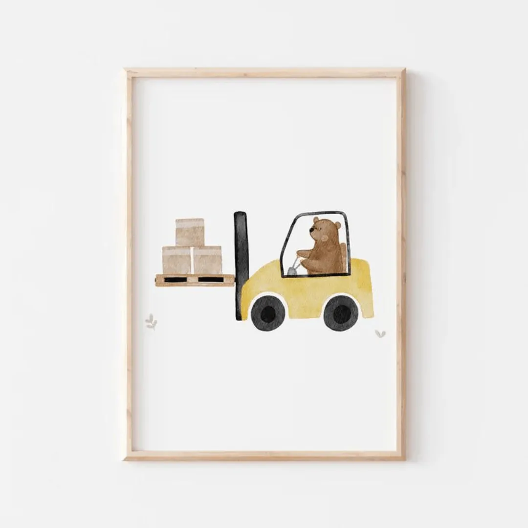 Poster Bär im Stapler A4 inkl. Rahmen
