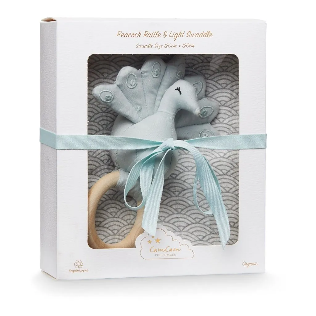 Geschenkbox Muslin und Rassel Pfau Grey