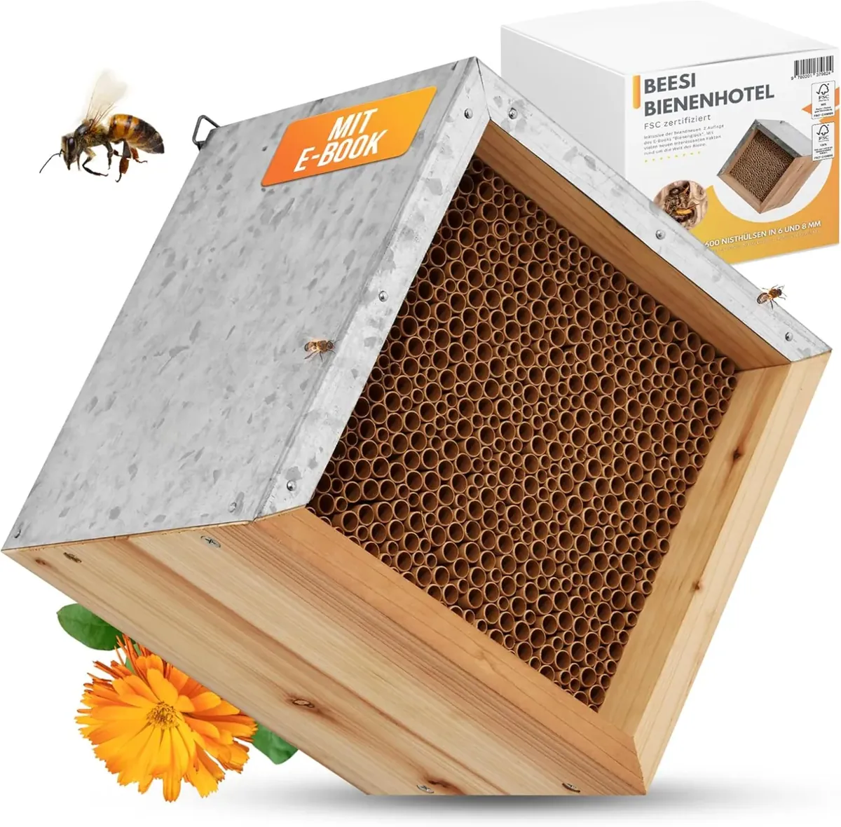 Bienenhotel mit Metalldach, Pappe - für grössere Bienen