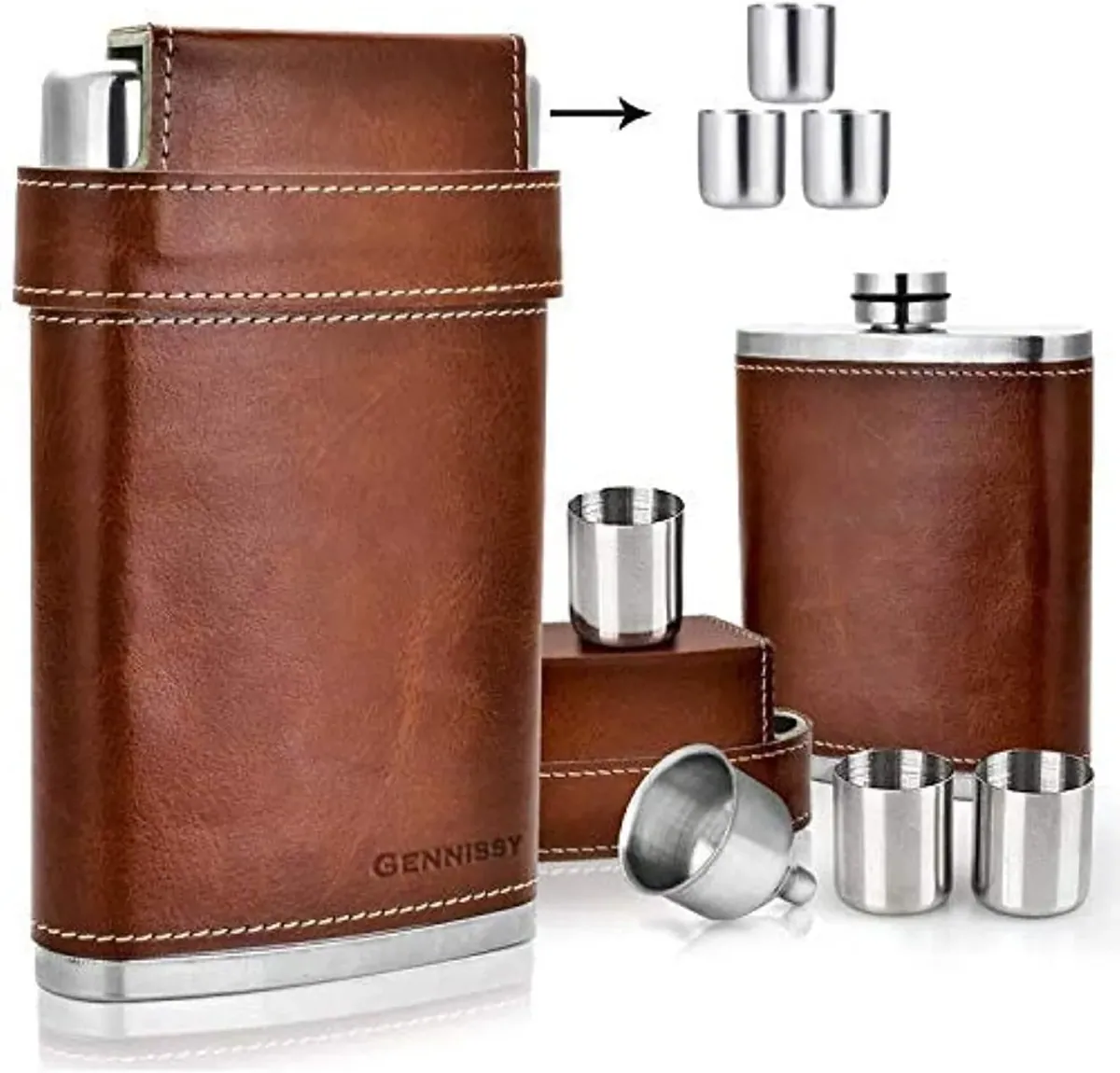 Flachmann mit Bechern und Trichter (236 ml), Braun 236ml
