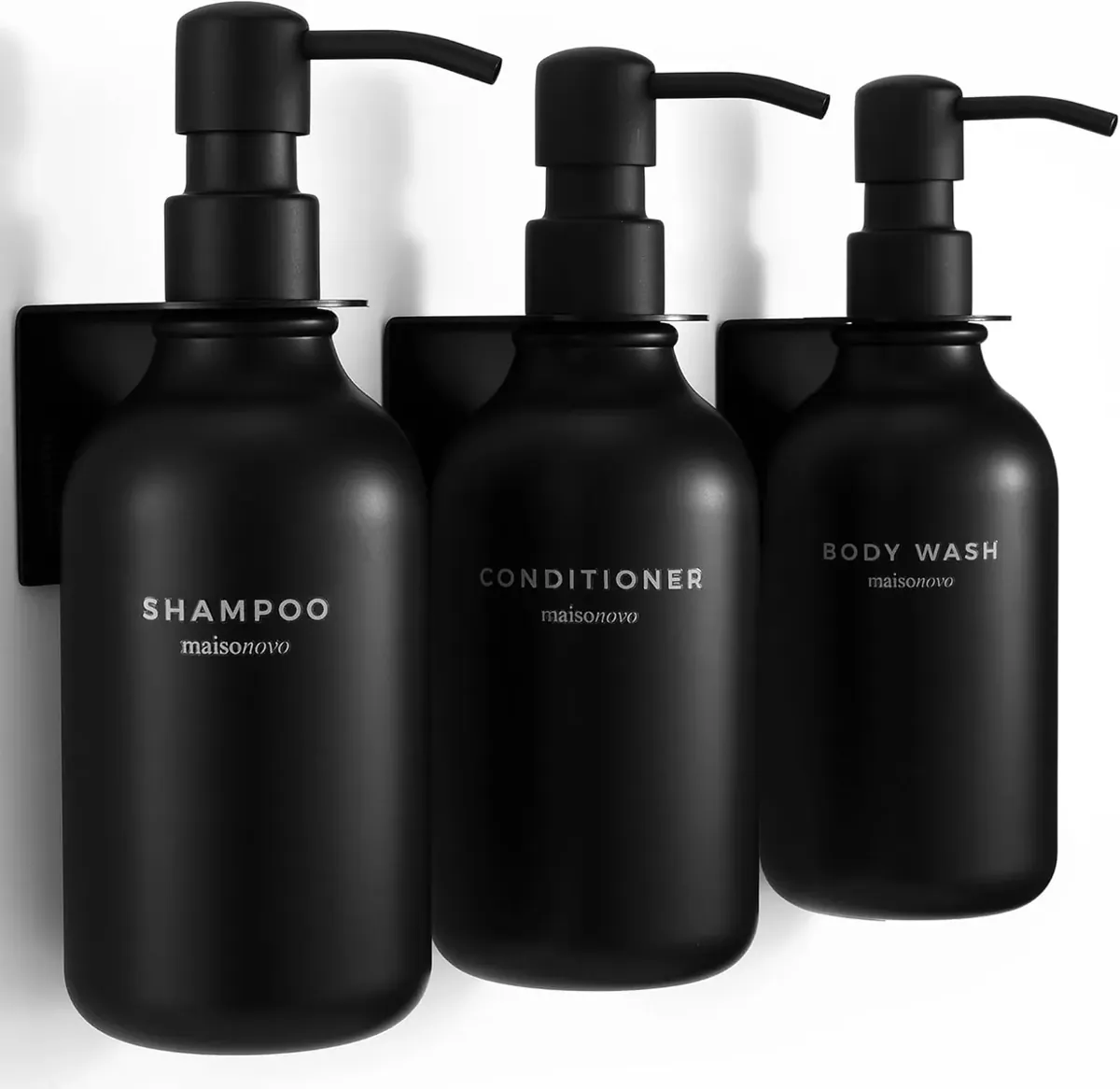 3er Set Shampooflaschen zum Befüllen mit Wandhalterung, Schwarz 3er Set