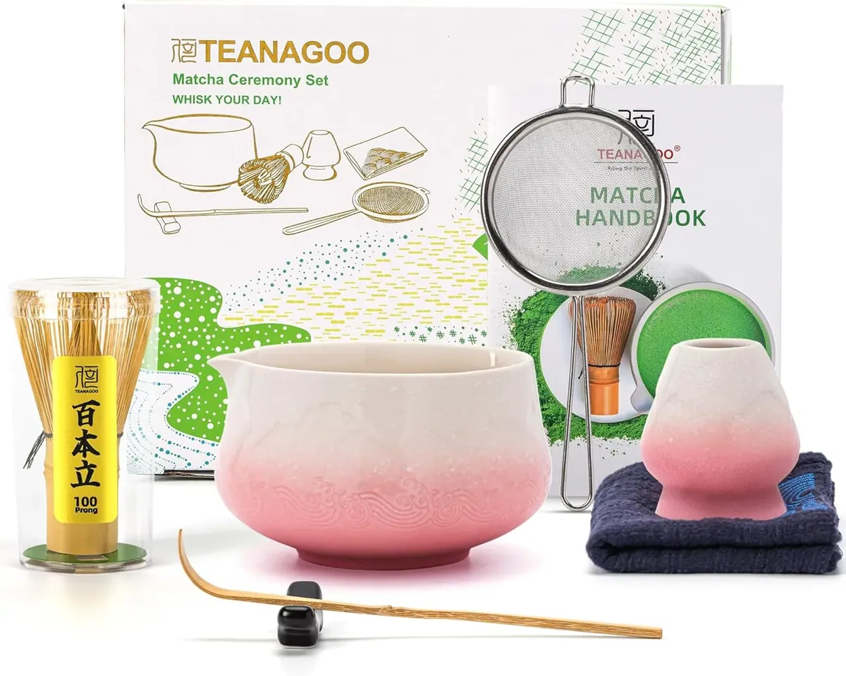 7-teiliges Matcha-Tee-Zubereitungsset, 7Stück/Set, Schüssel mit Ausgießer Farbverlauf Rosa